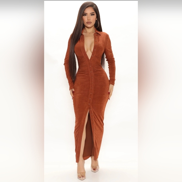 FASHION NOVA SILKY LONG SLEEVE MAXI DRESS - COPPER - BUTTON DOWN DRESS - Picture 1 of 2